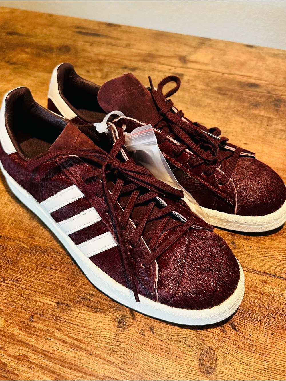 NWT Adidas Burgundy Pony Hair Campus 80s Sneakers, M 7.5, W 9